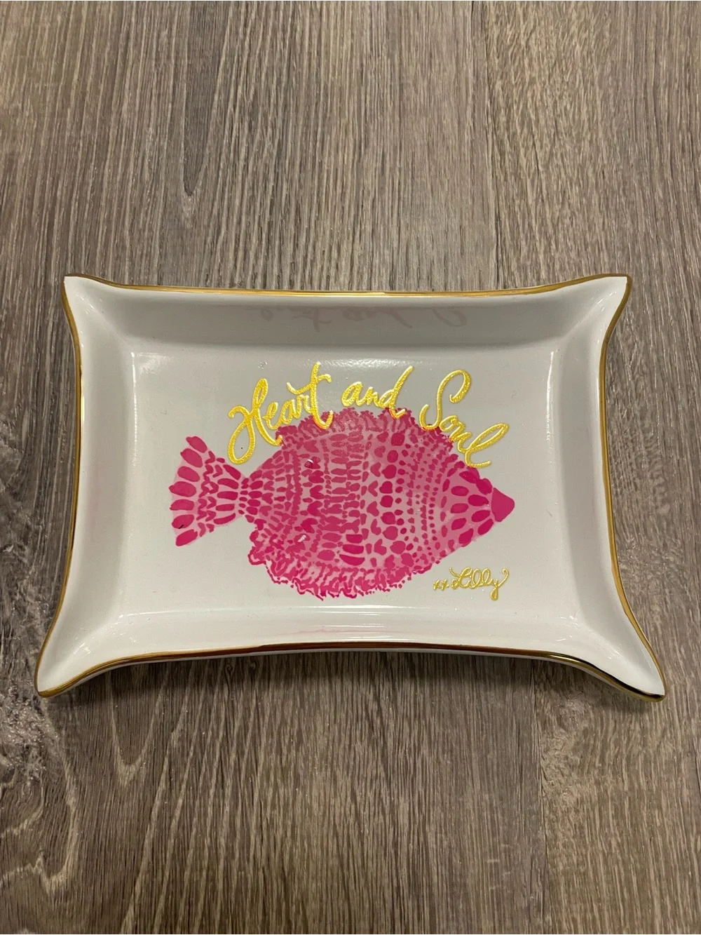 Lilly Pulitzer Heart and Soul Porcelain Trinket Jewelry Tray Pink Fish Gold Trim